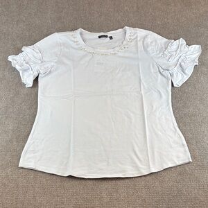 Hannah White Short Sleeve Ruffle Round Neck Pearl Embellishment Top Size M NWT